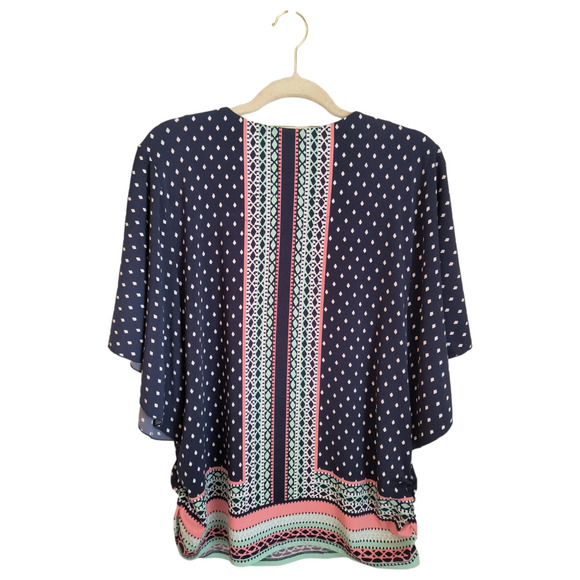 JM Collection Tunic Top Women's Sz L Blue Mixed Print Angel Sleeve Popover - Picture 5 of 11